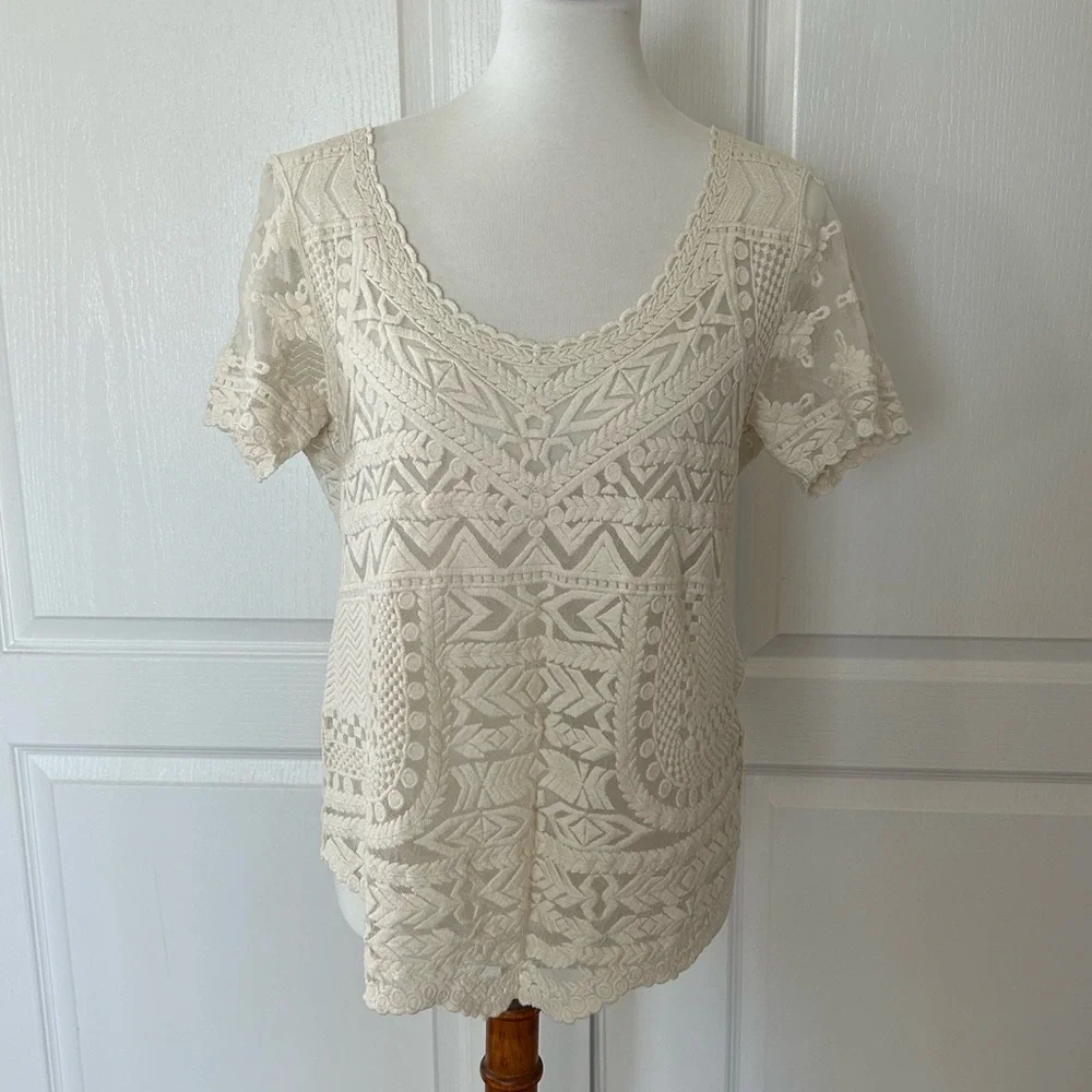 Anthropologie Meadow Rue Cream Lace Sheer Blouse - Picture 2 of 4